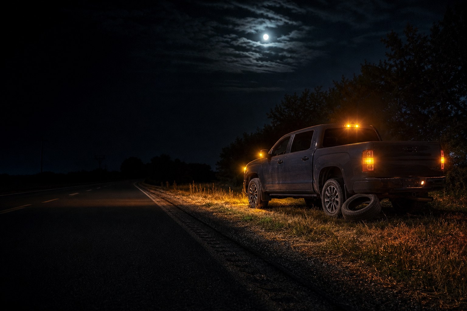 Pickup parked safely off a rural road at night after a flat tire