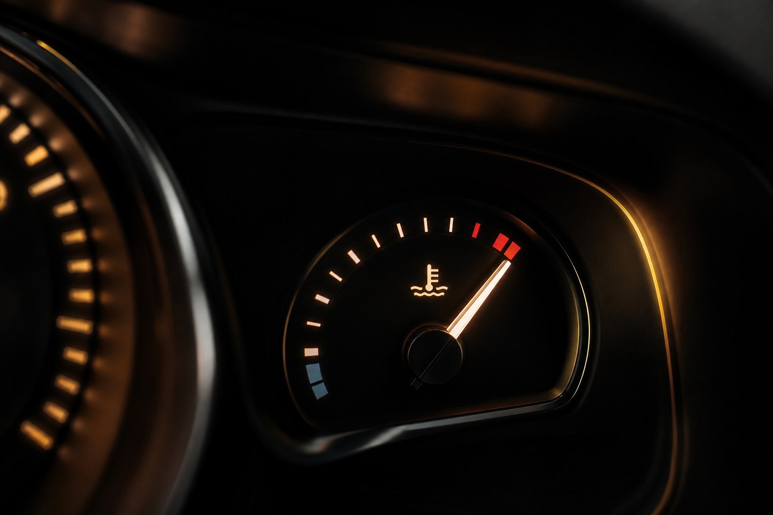 Close view of a vehicle temperature gauge approaching the hot range