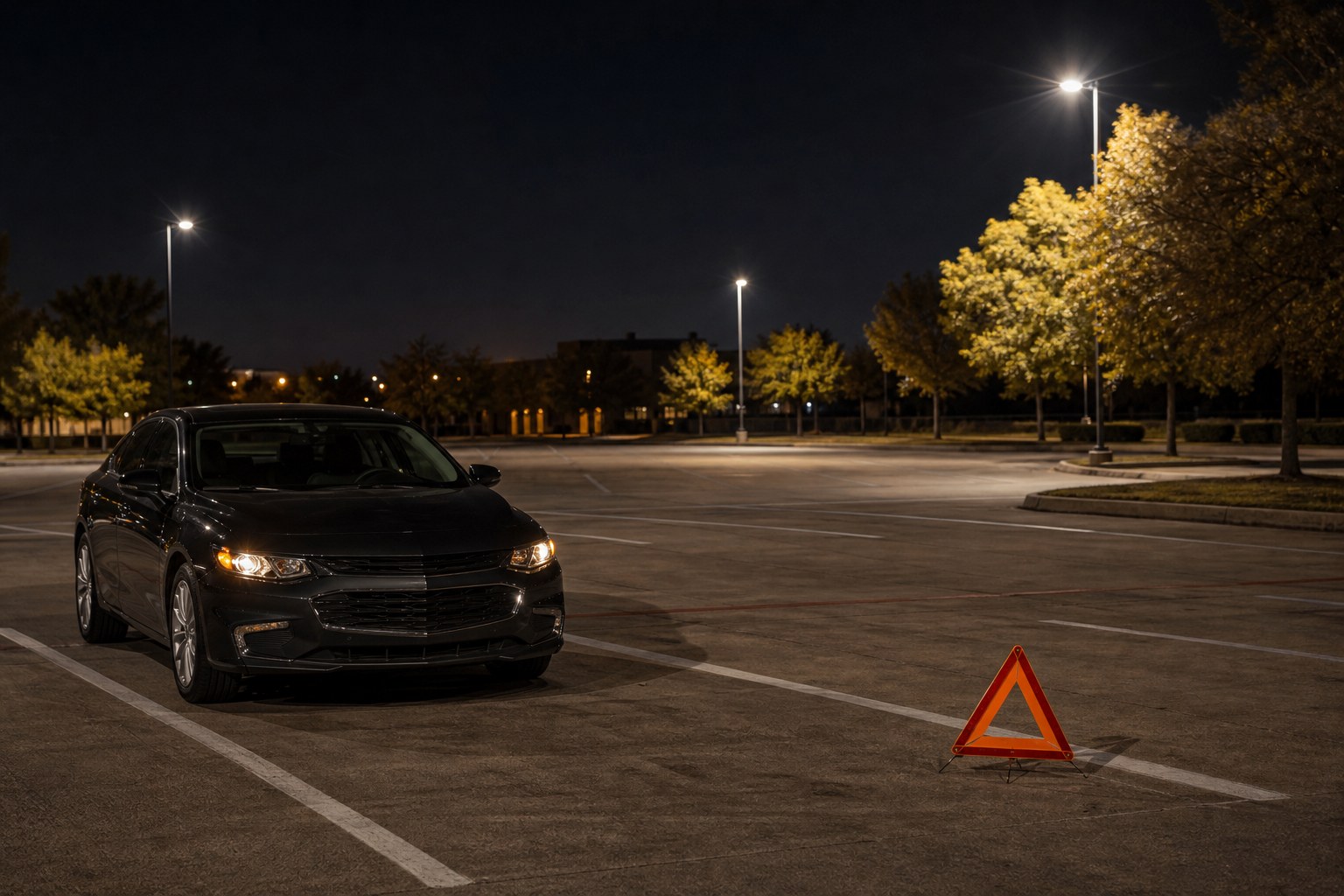 Vehicle and warning triangle positioned safely in a well-lit parking lot at night