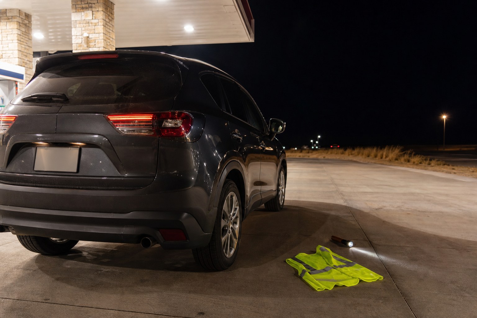 Vehicle stopped safely at a well-lit location at night