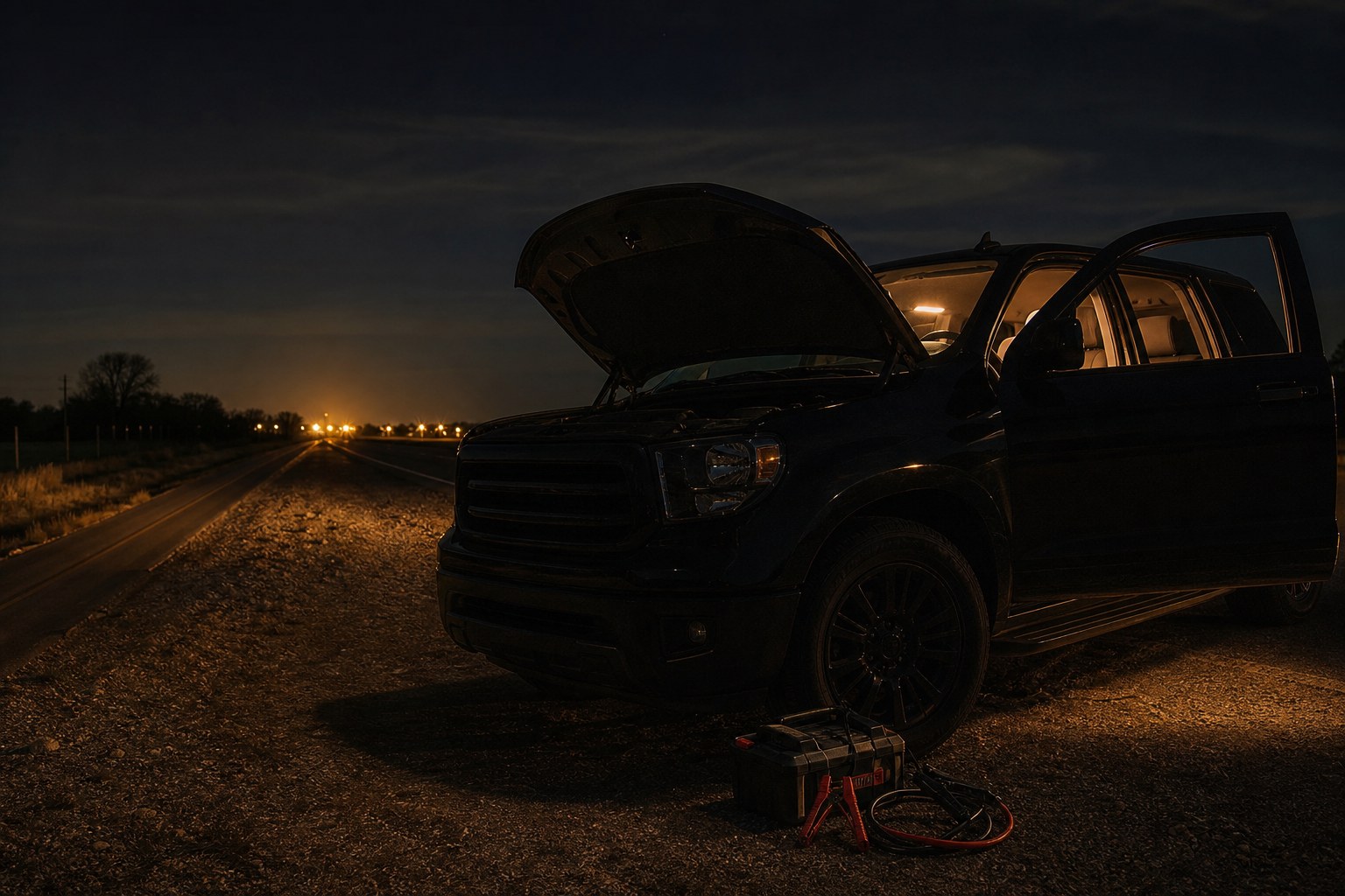 Vehicle stopped safely at a lit roadside pull-off at night