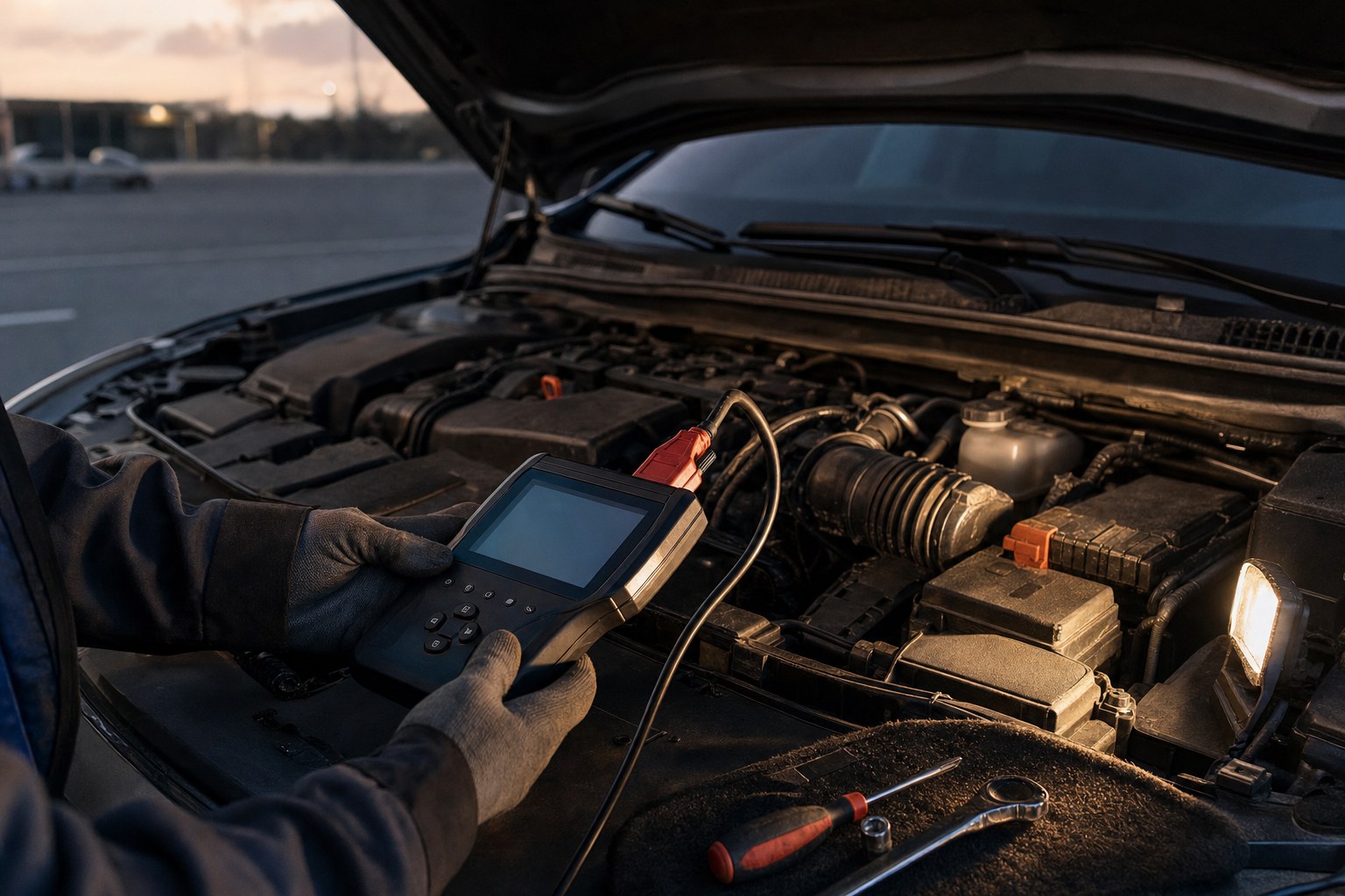 Diagnostic scanner being used beside an open vehicle engine