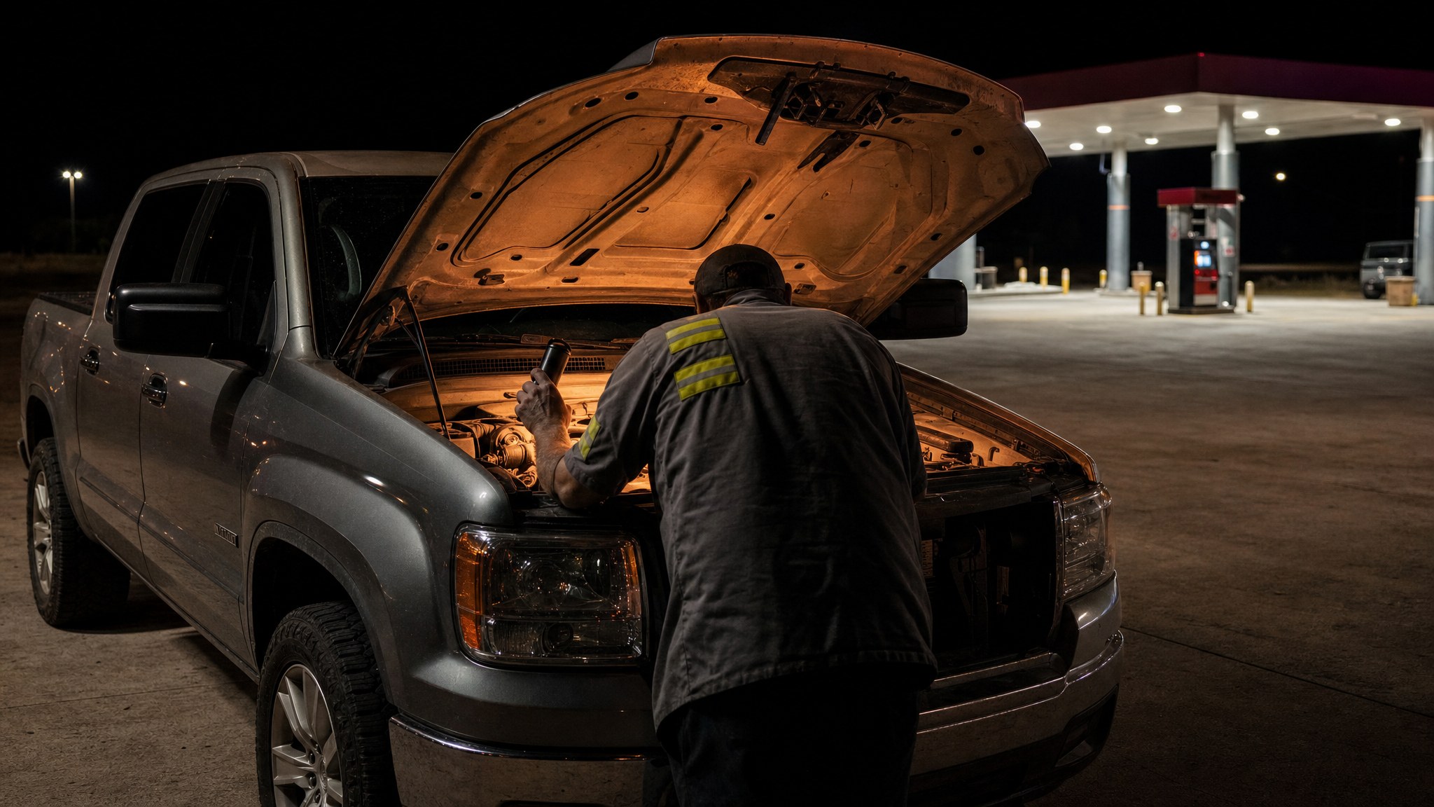 Mechanic inspecting an open truck engine at a well-lit location at night