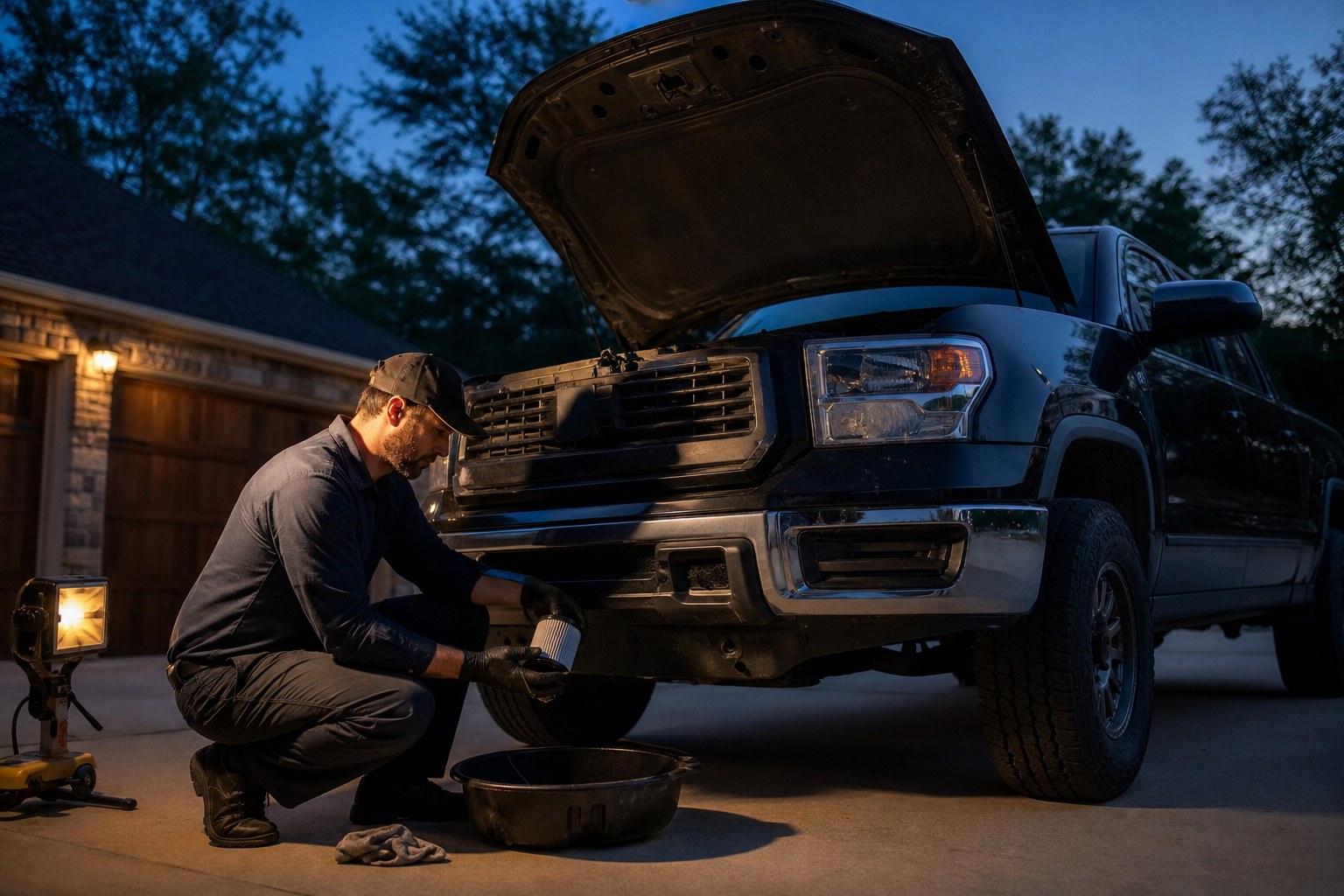 Technician changing an oil filter on a pickup parked in a driveway at dusk