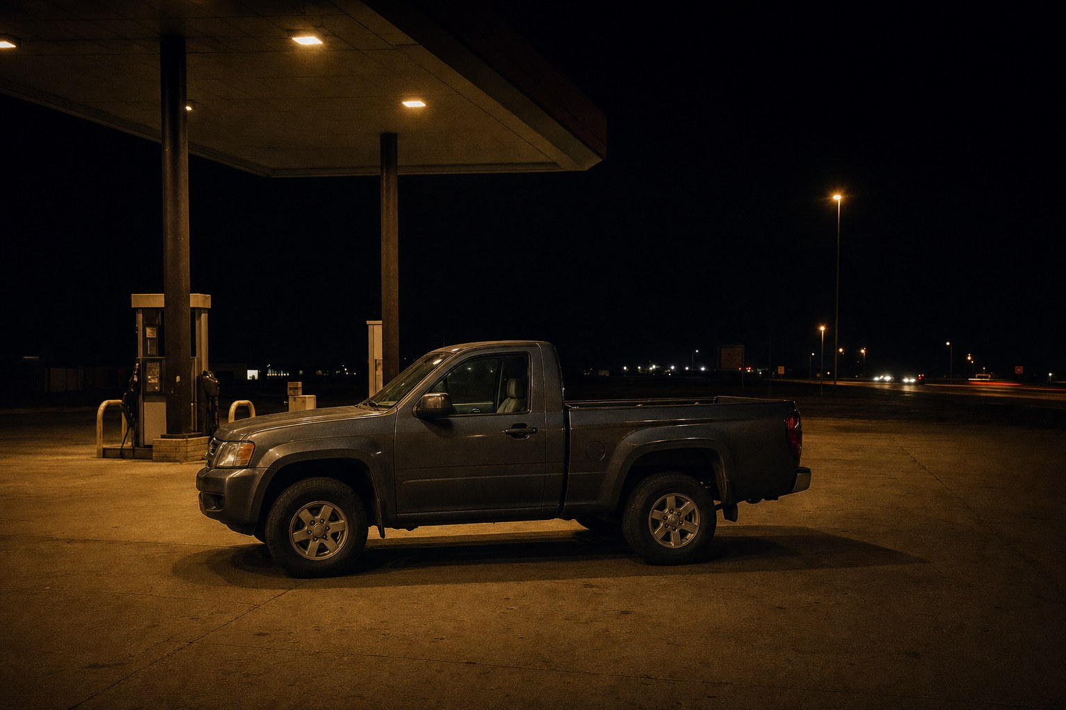 Vehicle parked safely at a lit roadside stop at night