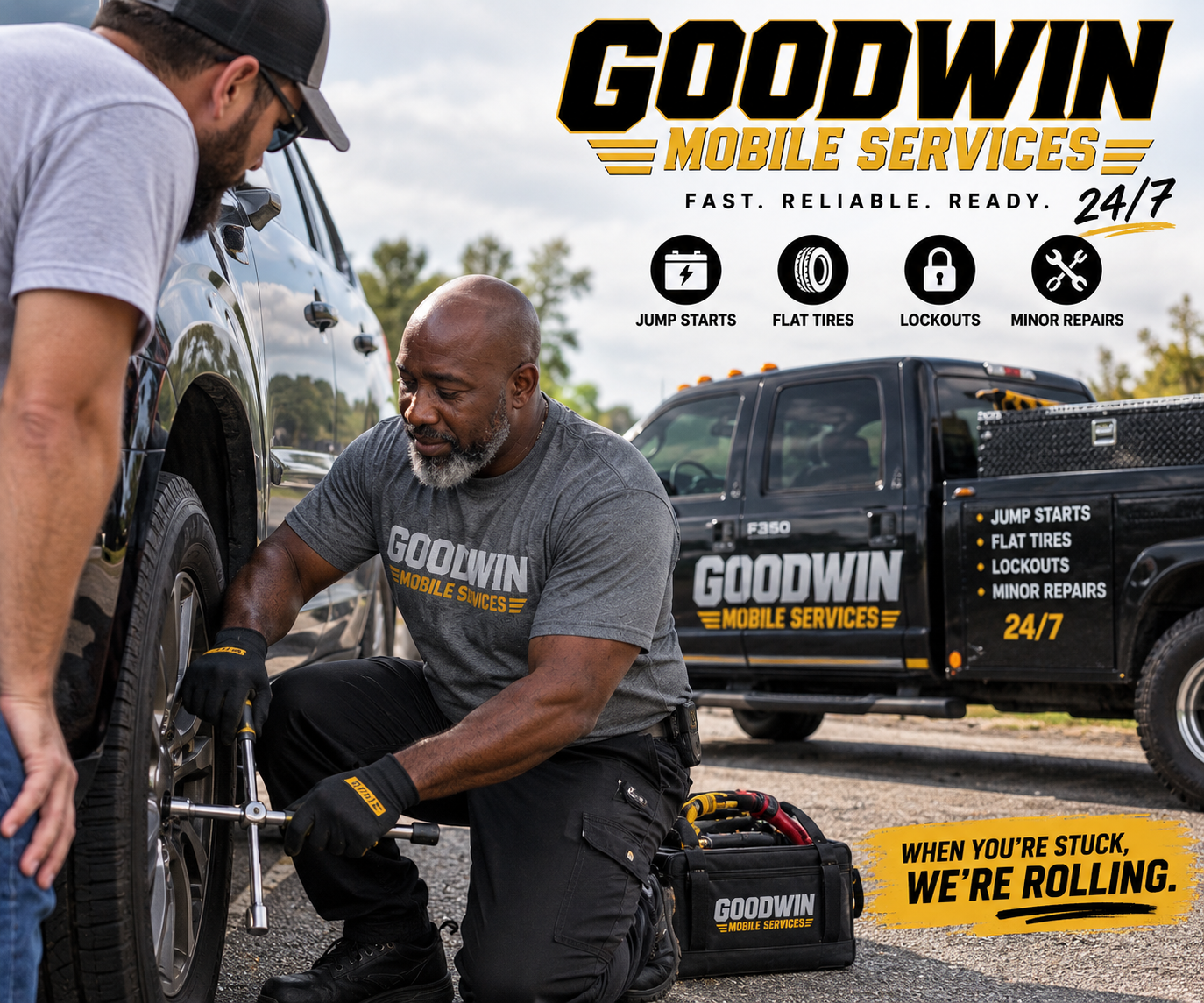 Goodwin Mobile Services technician assisting a customer with tire service