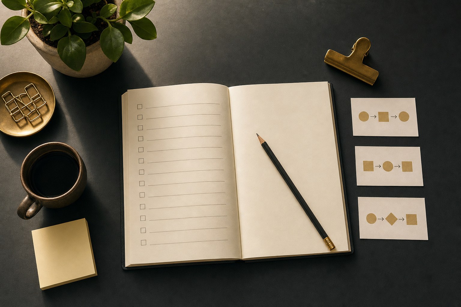 Business systems checklist on a charcoal desk