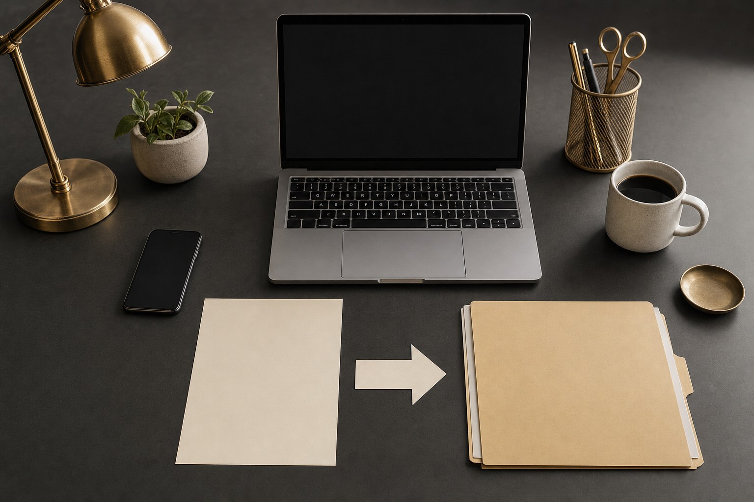 Organized customer handoff workspace with a blank screen, folder, phone, and paper arrow
