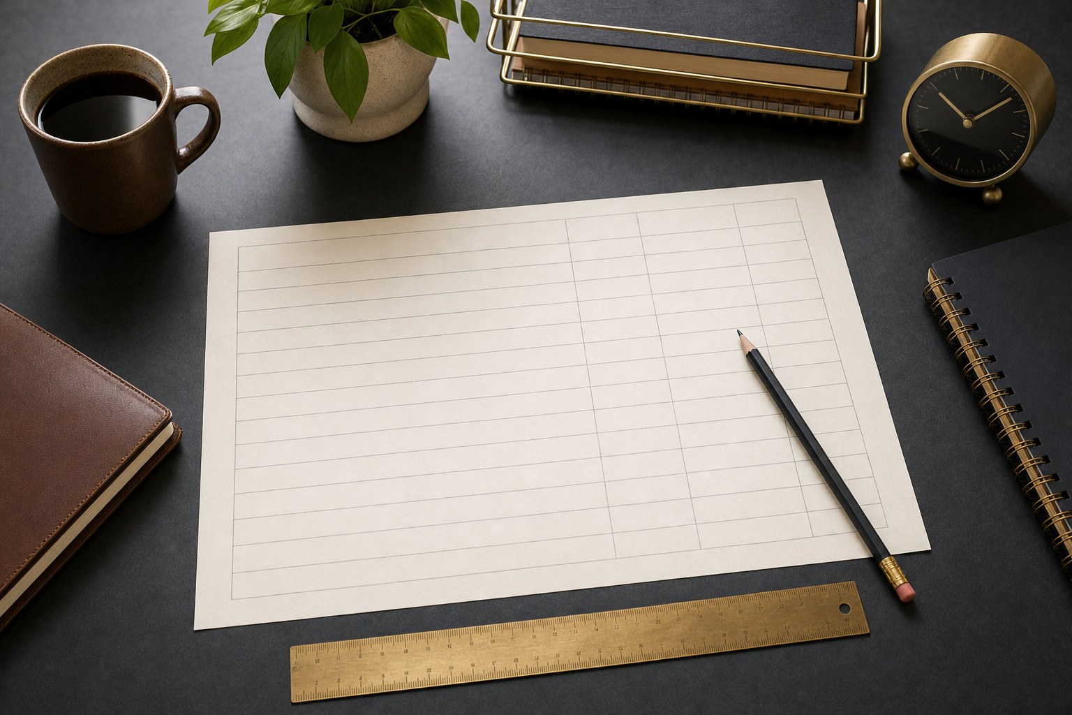Weekly business review workspace with a blank scorecard and pencil on a dark desk