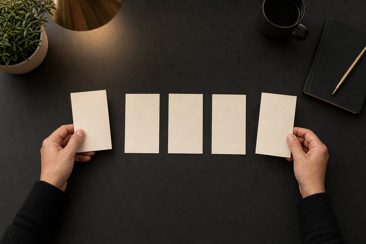 Hands arranging blank workflow cards across a charcoal desk