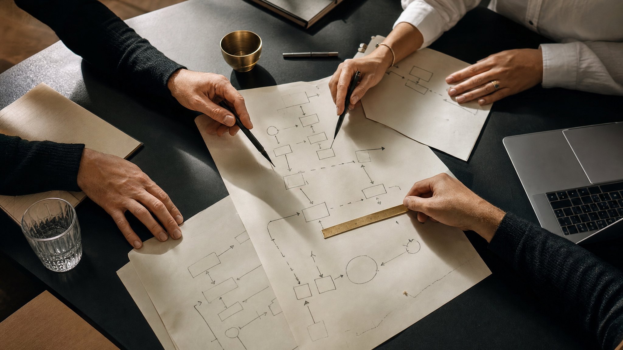 Hands mapping a business workflow on paper
