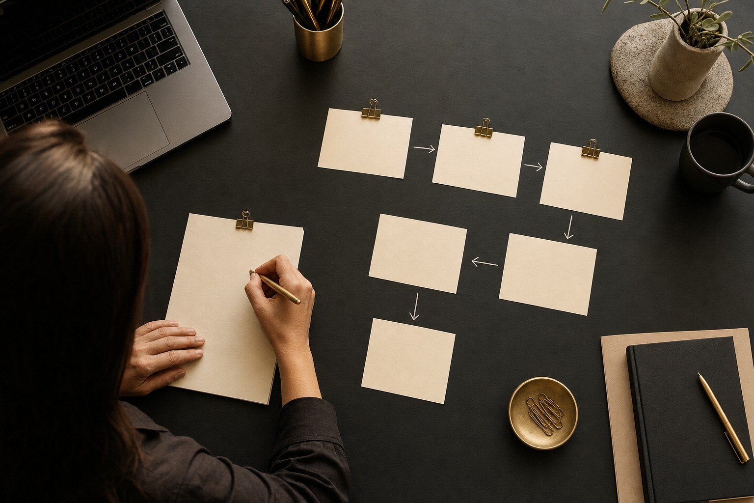 Business owner documenting a repeatable workflow on a dark desk