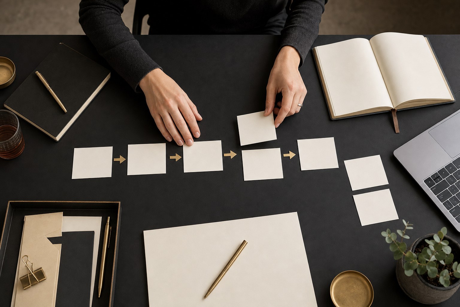 Owner arranging blank workflow cards on a dark desk