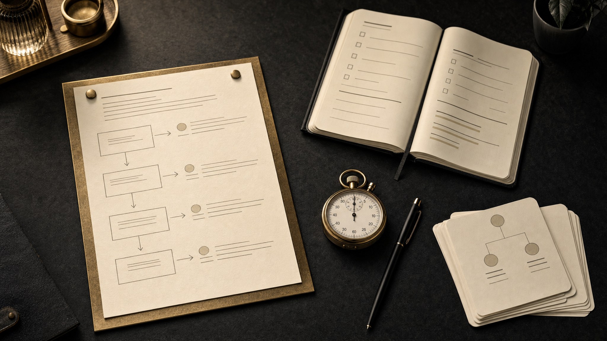 A practical business-system implementation plan on a dark desk