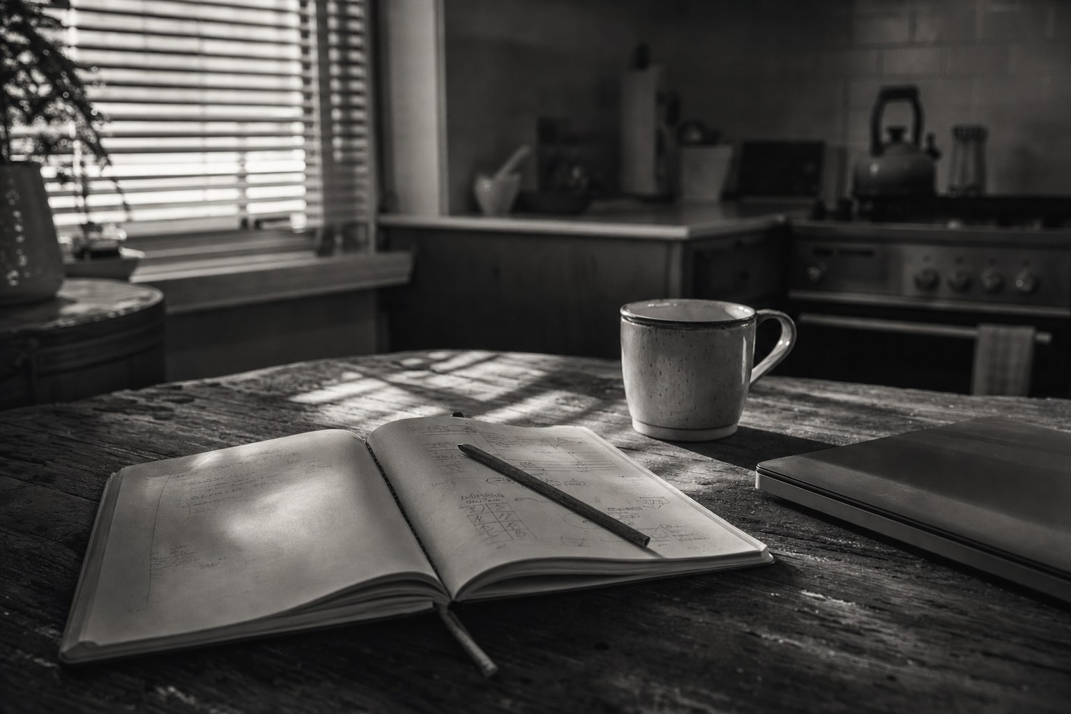 Illustrative kitchen table business planning scene