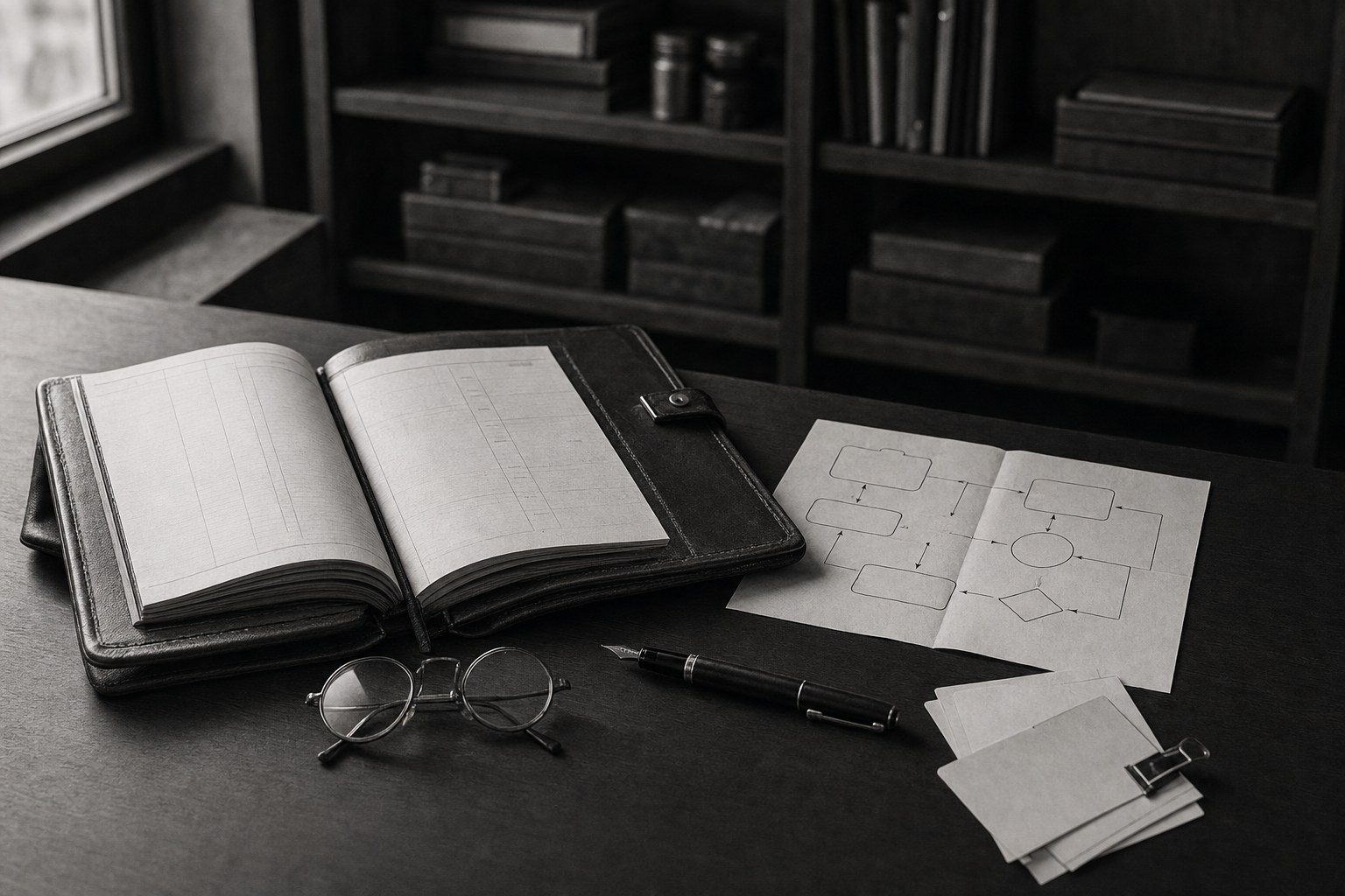 Illustrative desk with planning ledger and process map