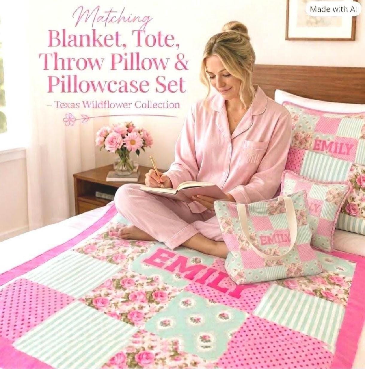 Pink Patchwork Blanket Set, Custom Girl Blanket, Personalized Kids Blanket, Custom Pillow Case, Custom Throw Pillows, Teen Girl Tote Bag