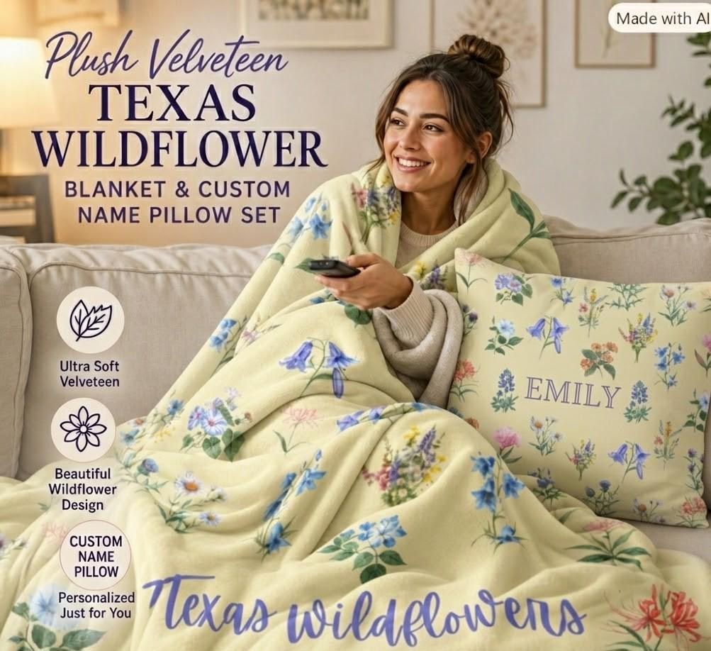 Texas Wildflower Print Blanket Set, Floral Texas Bedding Set, Texas Themed Gift, Texas Housewarming Gift, Texas Gift Ideas