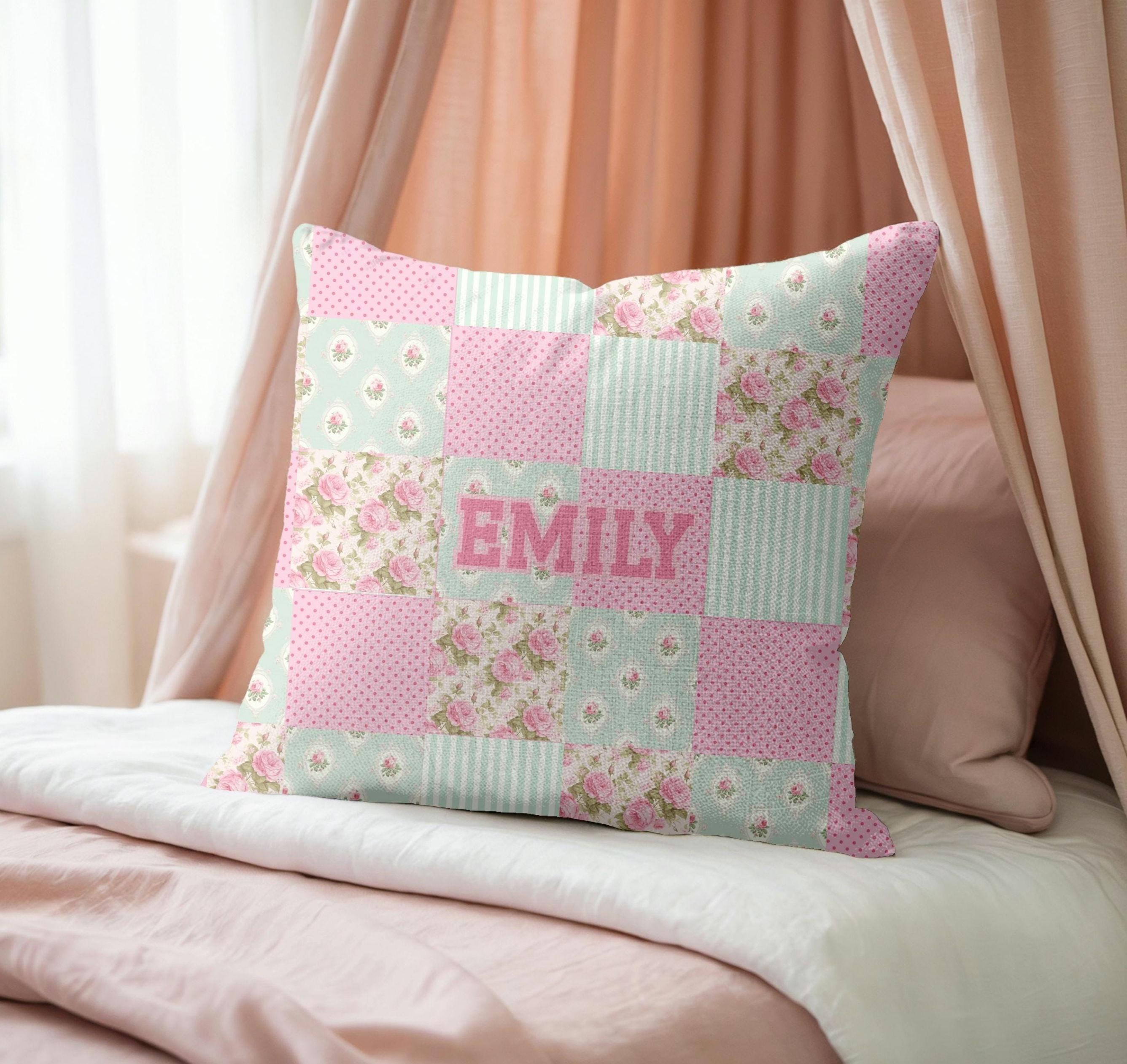 Girls Custom Name Patchwork Throw Pillows, Teen Girl Room Accessories, Personalized Cushion, Custom Pillow Covers, College Dorm Bedding