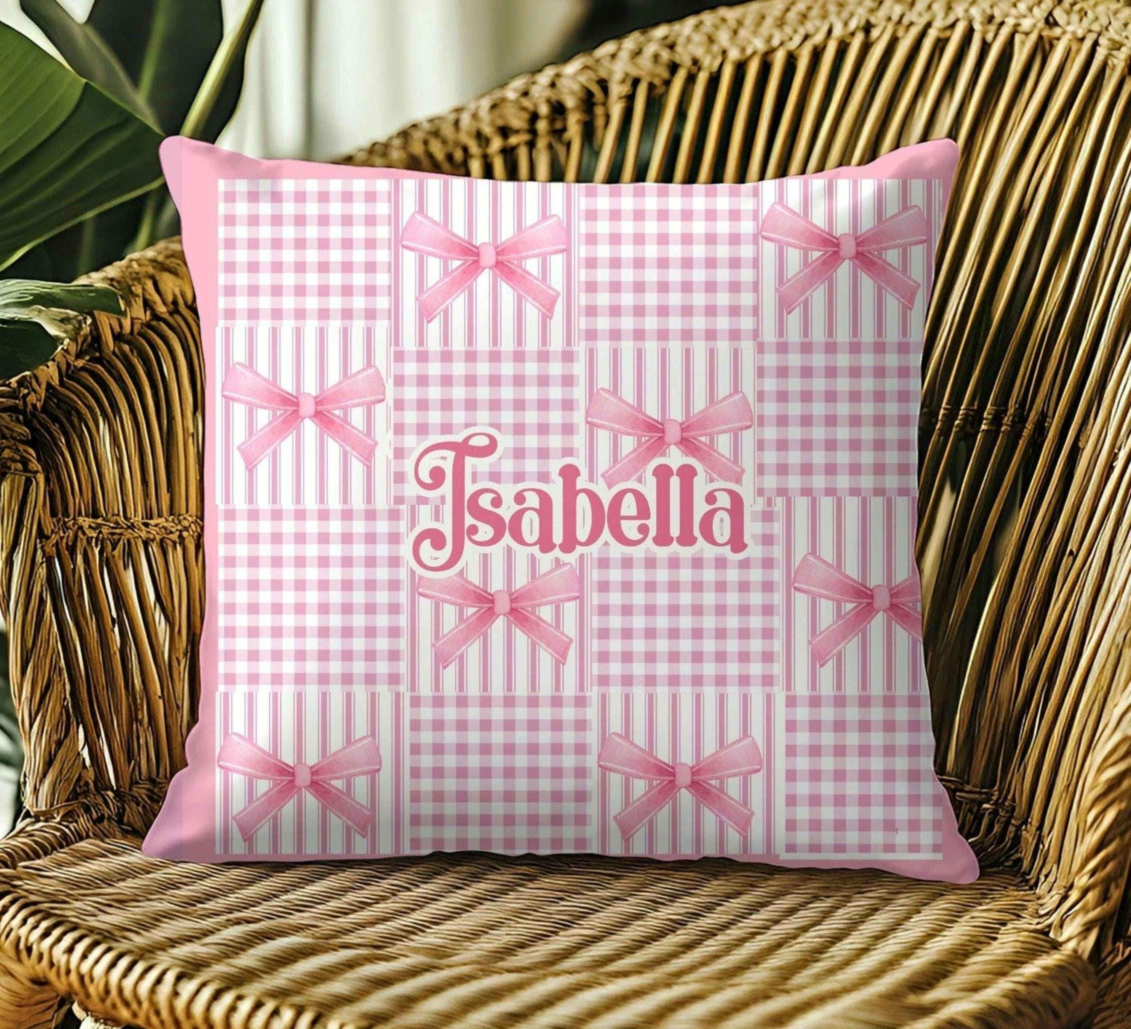 Personalized Girl Throw Pillow, Pink Gingham Coquette Bedding