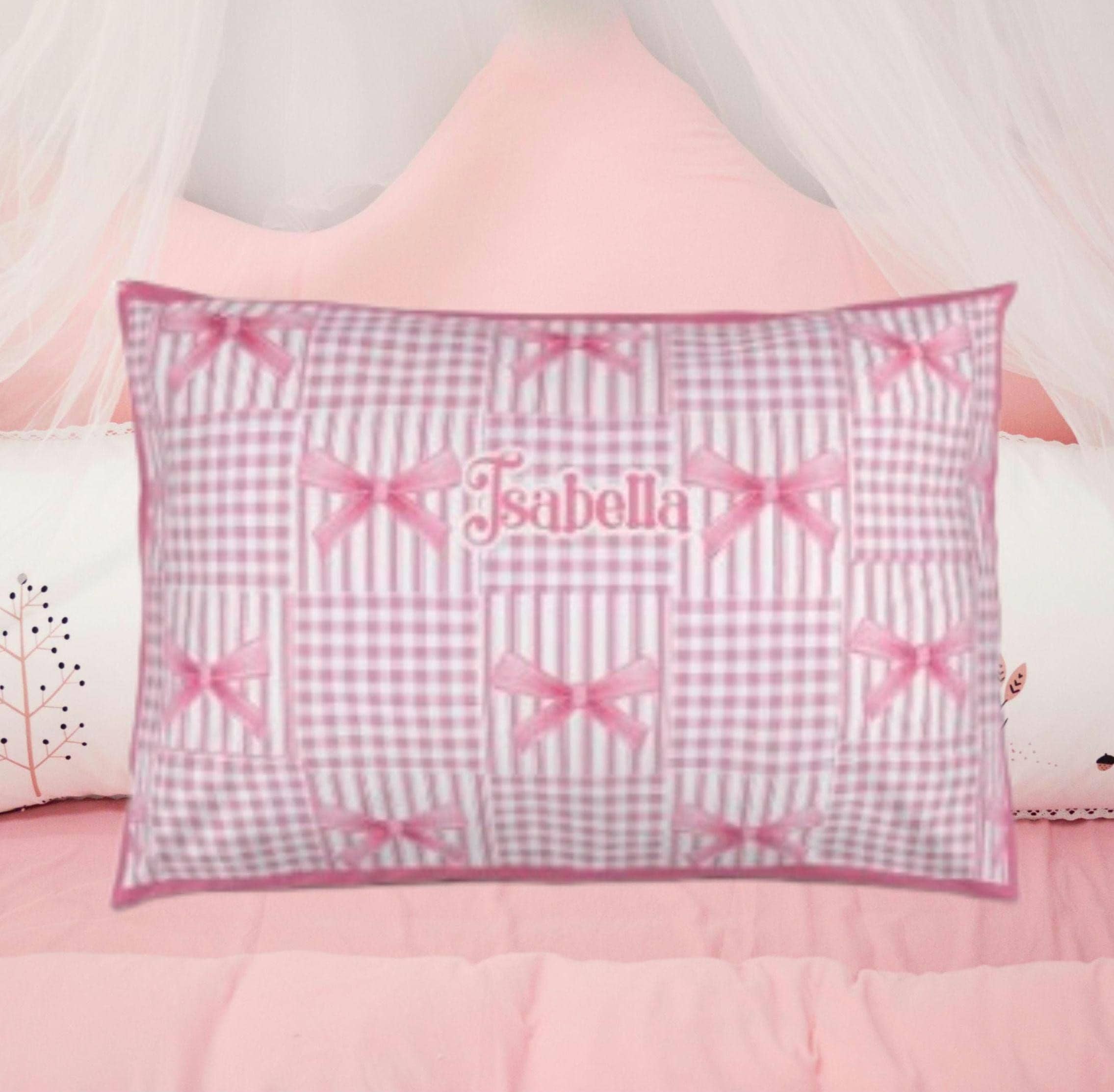 Personalized Gingham Pillowcase: Coquette Bow Patchwork Girl Bedding
