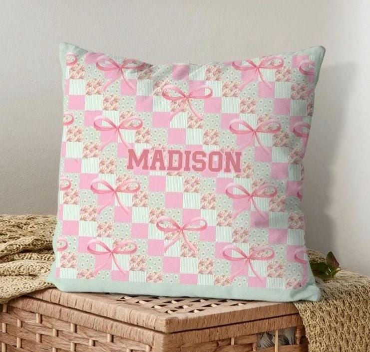 Personalized Name Pillow Cover: Coquette Bow Preppy Feminine Design