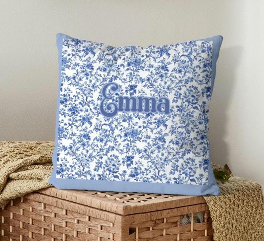 Custom Blue Toile Floral Throw Pillow: Chinoiserie Personalized Name Pillow