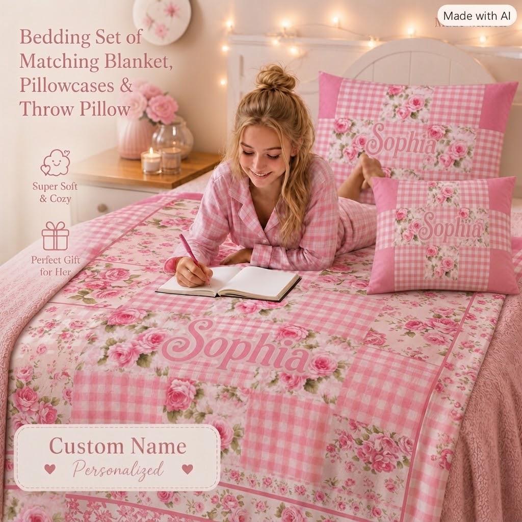 Girls Personalized Throw Blankets, Custom Pillow Cases, Bohemian Bedding, Girls Comforter, College Dorm Bedding, Farmhouse Bedding Set