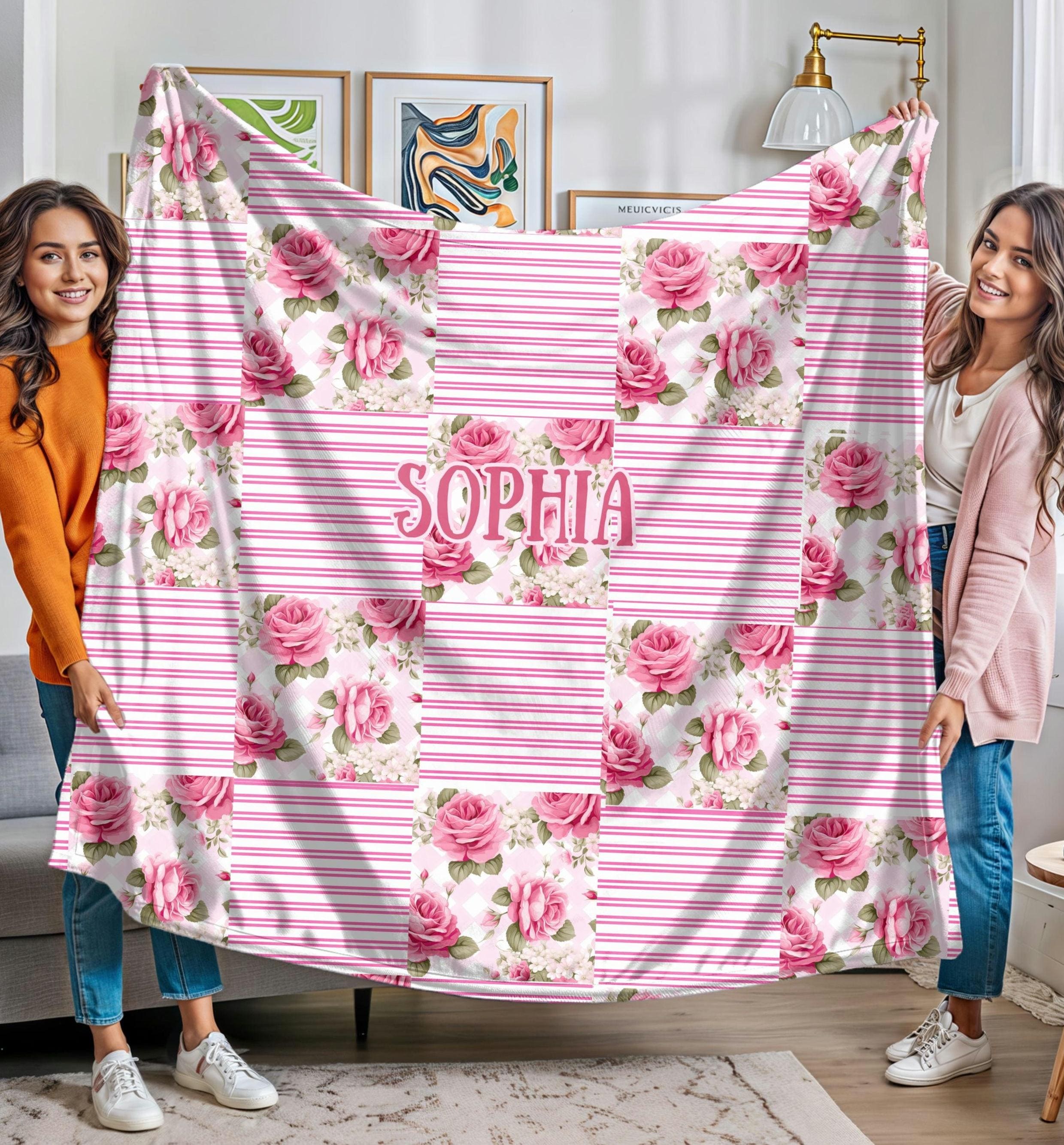 Custom Pink Boho Floral Patchwork Blanket: Personalized Name Throw, Cottage Style Quilt Girl