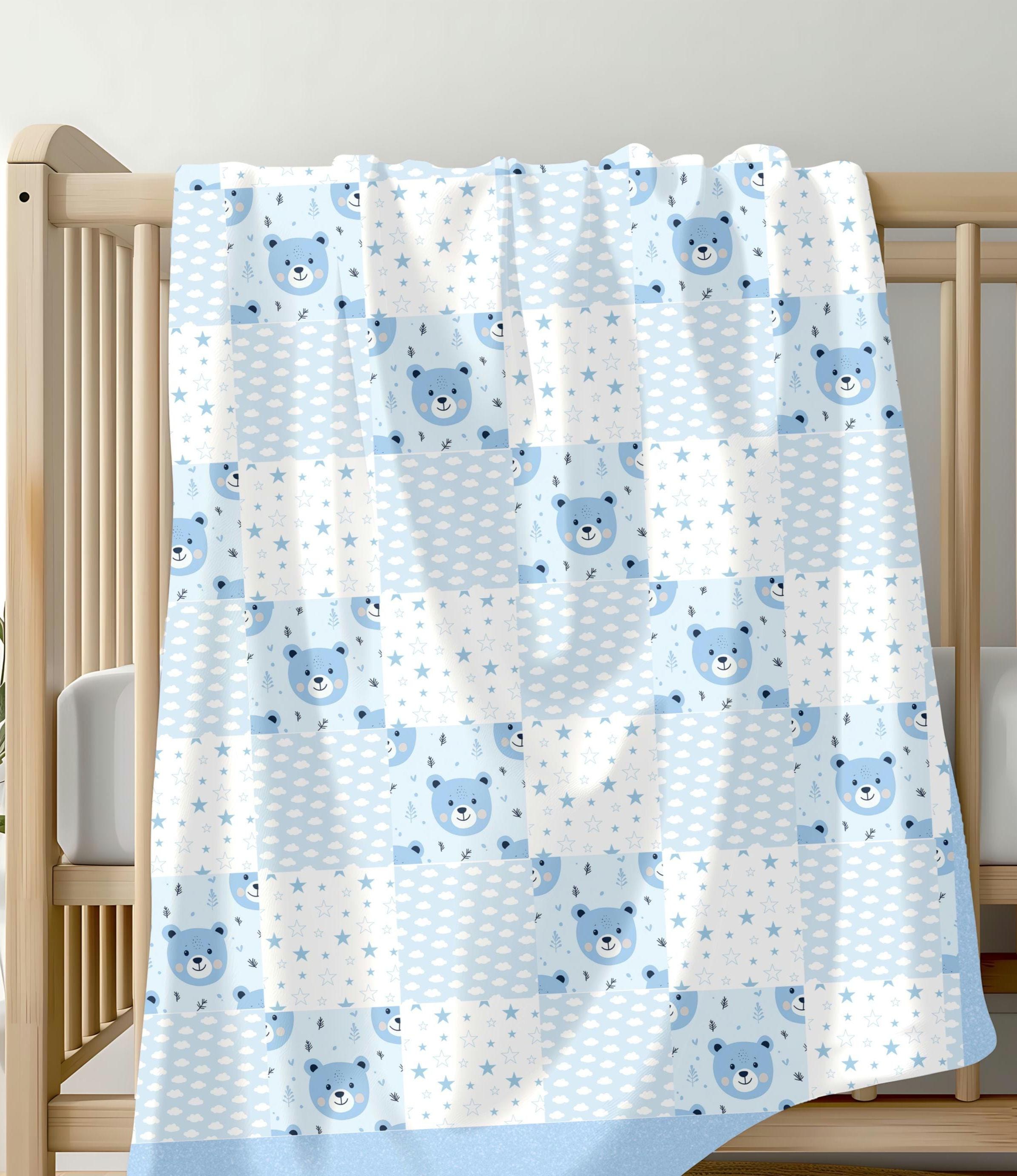 Personalized Blue Bear Patchwork Baby Blanket – Custom Name Nursery Quilt