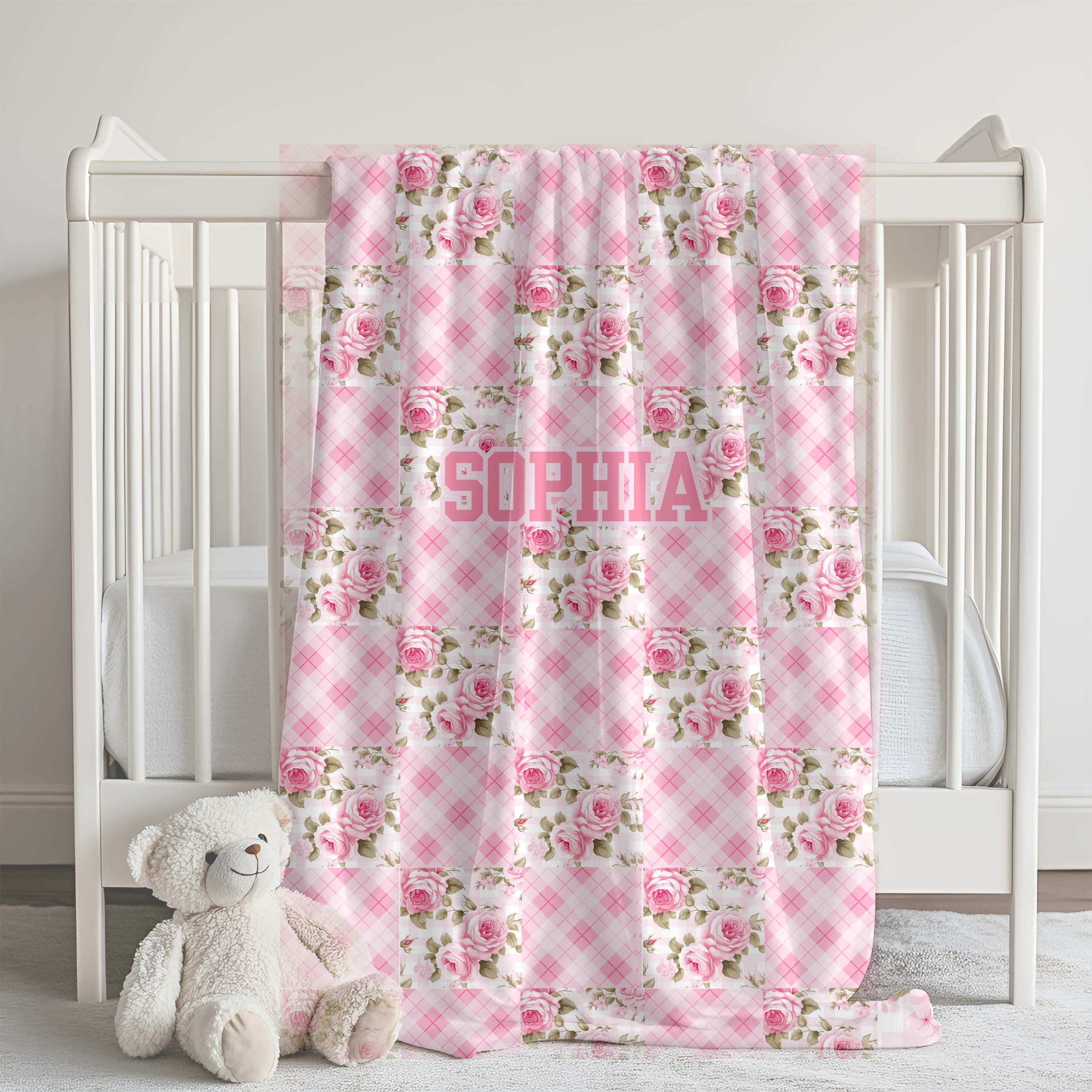 Personalized Patchwork Baby Blanket: Floral Plaid Design, Custom Name (Crib Bedding)