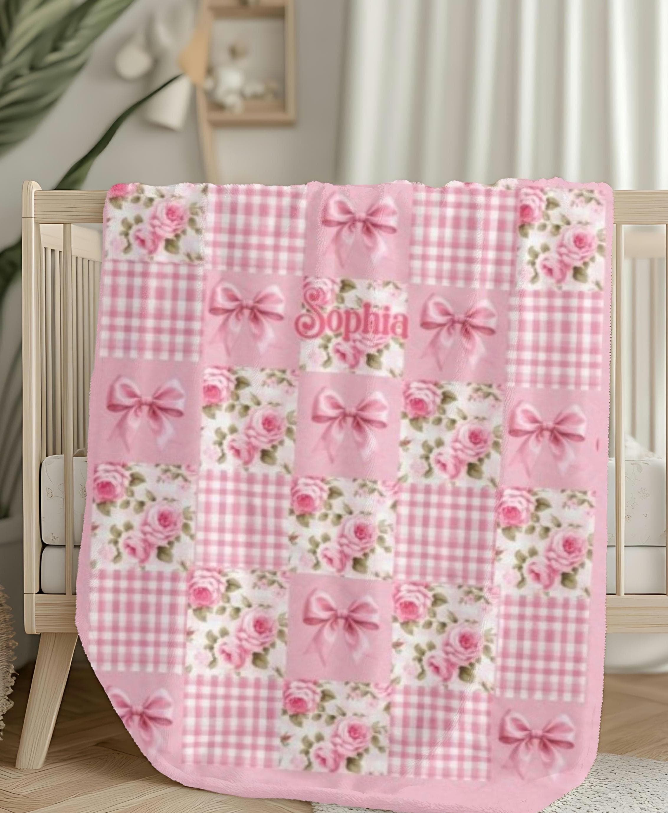 Personalized Pink Floral Gingham Baby Blanket – Coquette Bow Toddler Throw