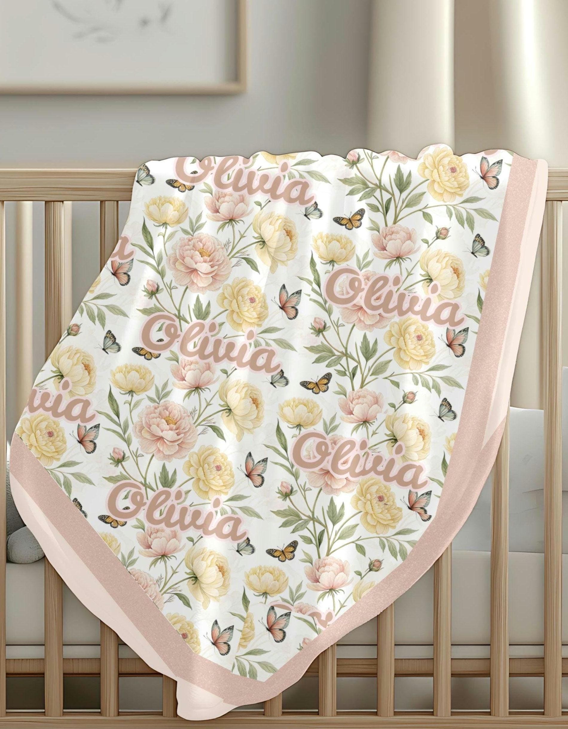 Personalized Floral Butterfly Baby Blanket – Custom Name Infant Throw