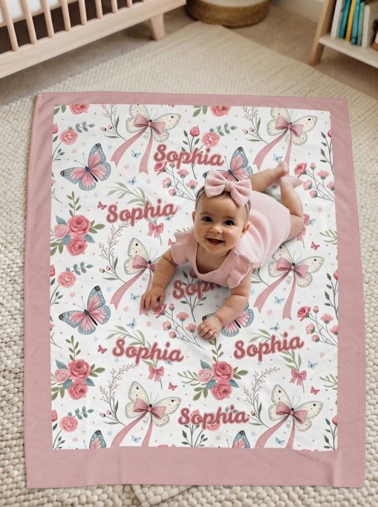 Personalized Butterfly Baby Blanket, Baby Blanket for Girls, Infant Blanket, Newborn Gift, Baby Girl Shower Gift, Floral Crib Blanket Girl