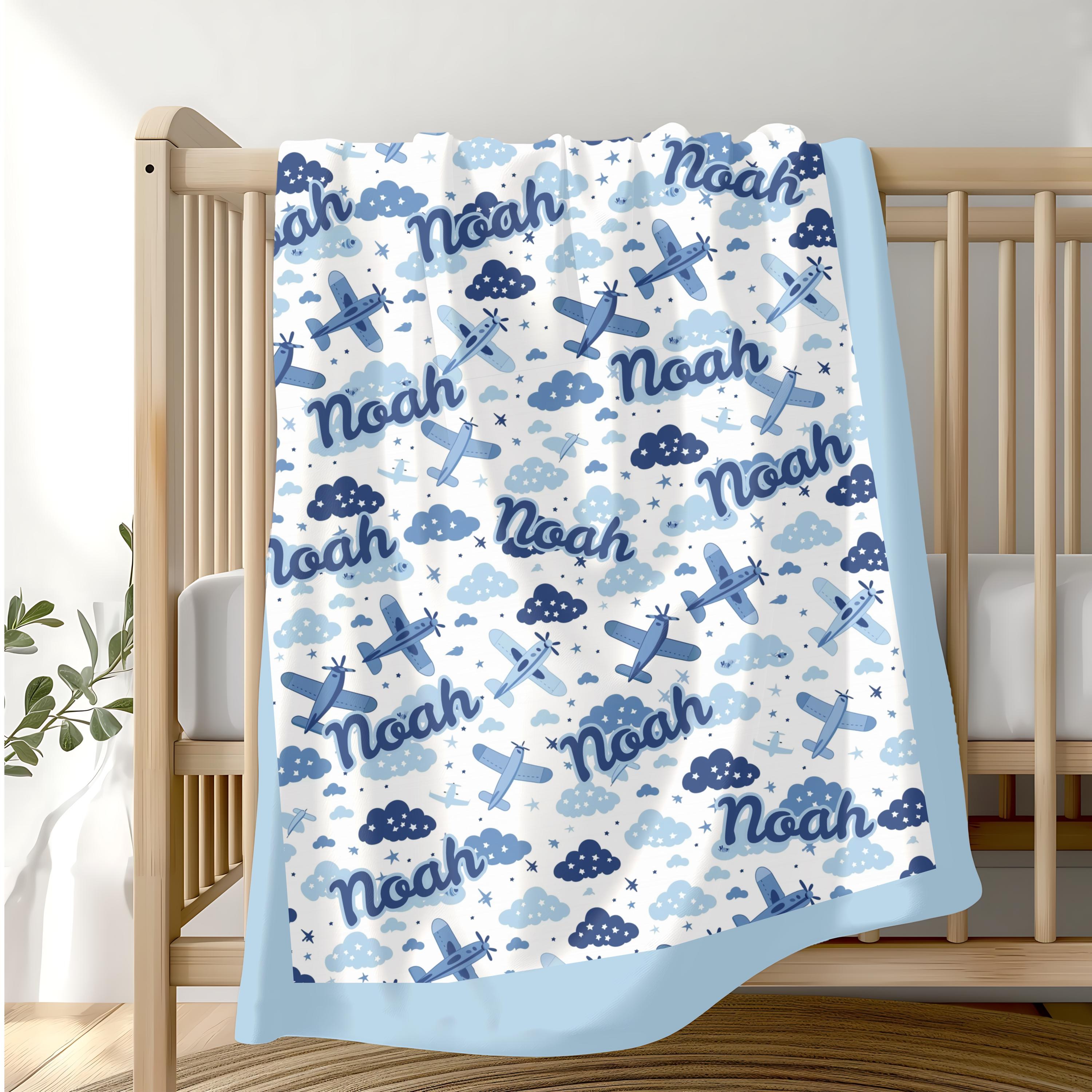 Personalized Airplane Baby Blanket – Custom Name Nursery Gift