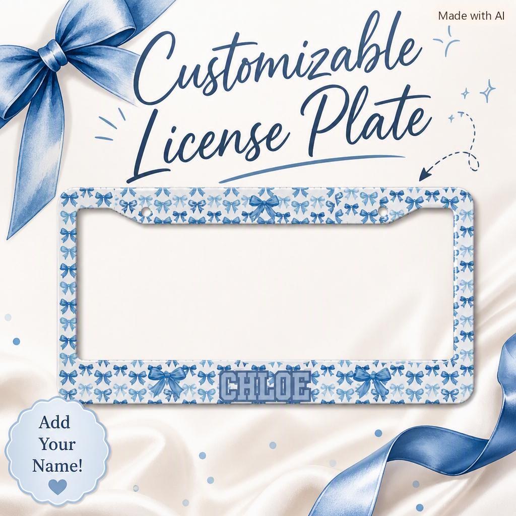 Cute Blue Bows Car Plate Holder, First Car Present, Customizable License Plate, Name Plate Holder, Gifts for New Drivers