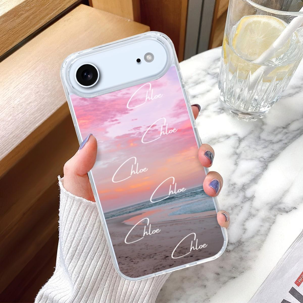 Custom Beach Sunset iPhone Case: Personalized Name, Transparent TPU Protection