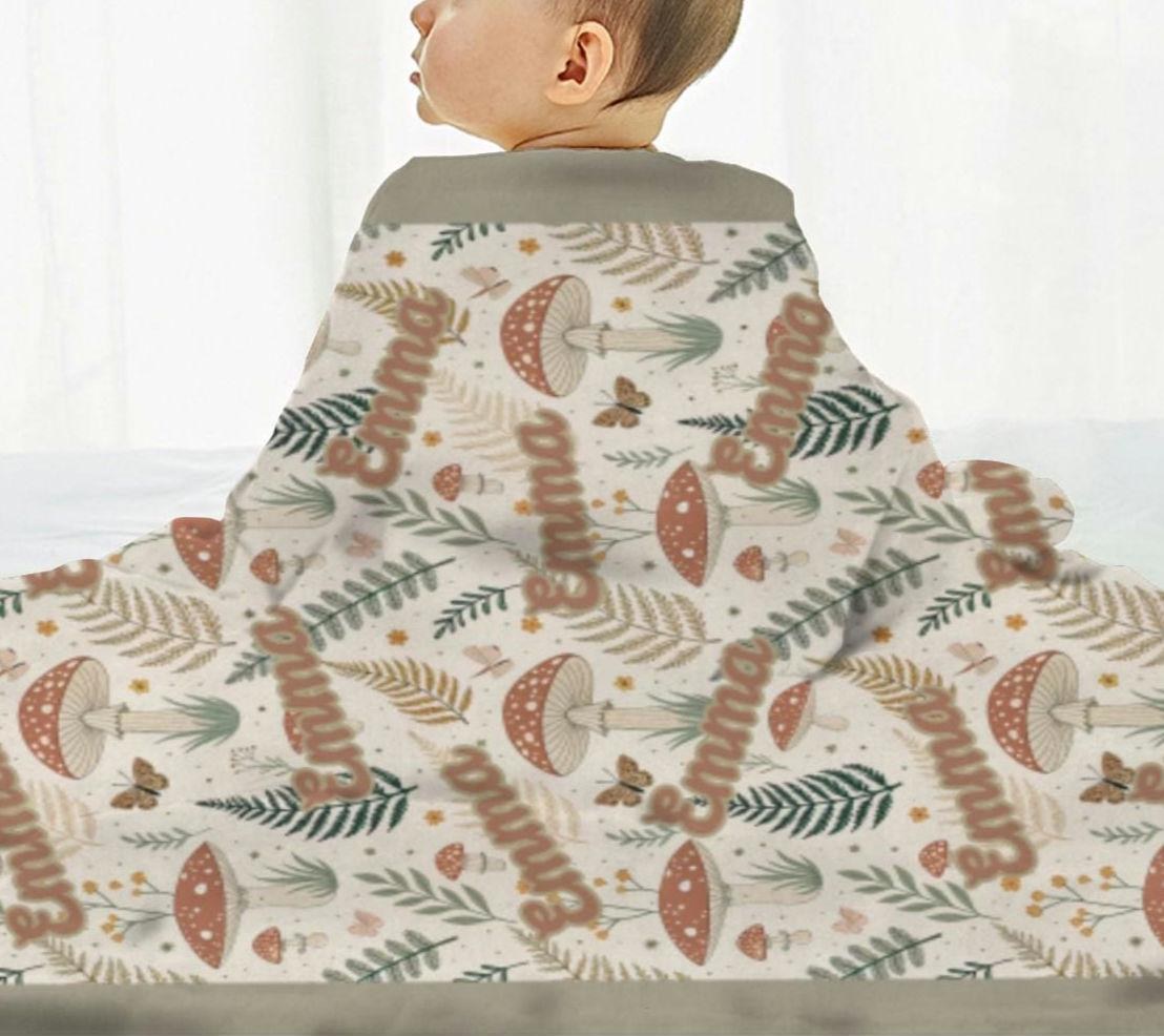 Personalized Mushroom Baby Blanket, Cottagecore Woodland Nursery Decor, Plush Flannel Keepsake