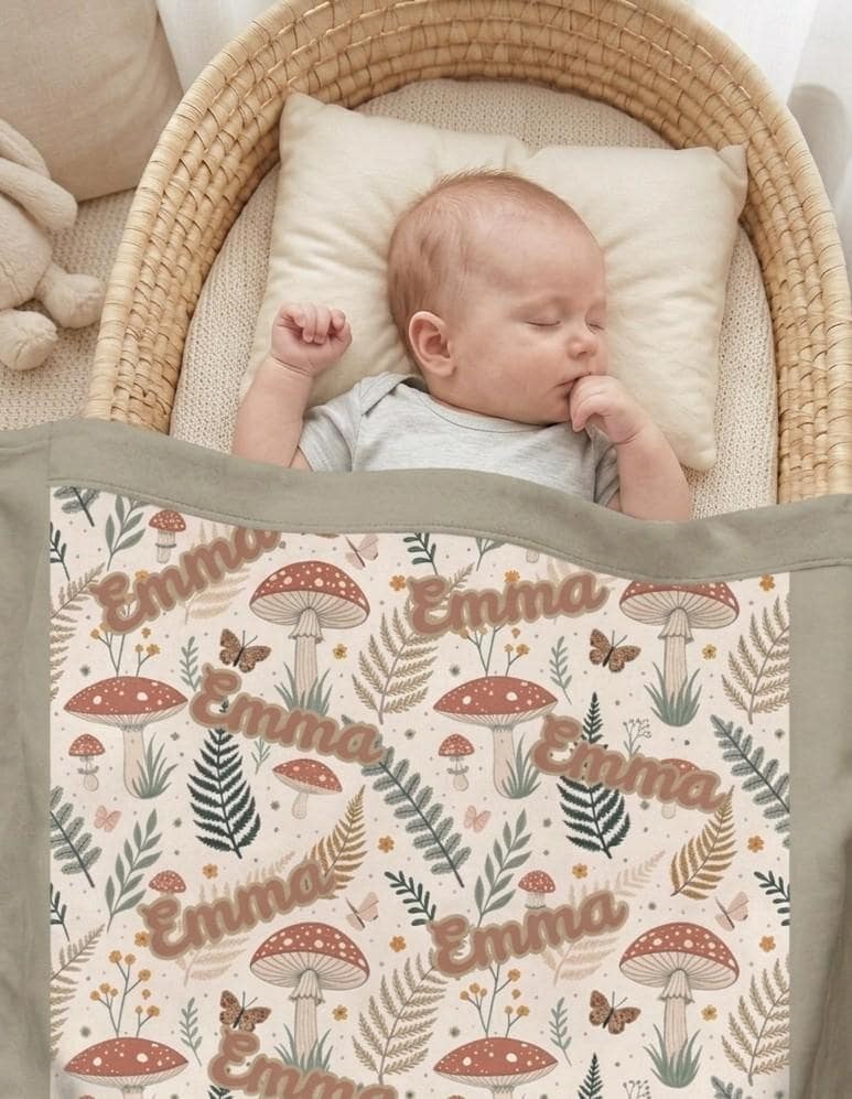 Personalized Mushroom Forest Minky Blanket, Custom Name Baby Blanket, Woodland Crib Bedding, Baby Blanket for Boys, Neutral Baby Bedding