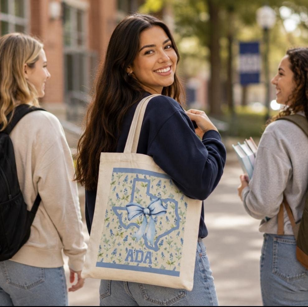 Texas Gifts, Bluebonnet Art, Texas Outline,Feminine Coquette Bow Tote Bag, Tote Bag for Teens, Texas Floral Carryall Tote Bags