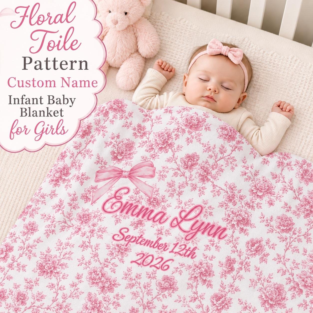Pink Toile Rose Crib Blanket, Blanket for Girl Personalized, Custom Receiving Blanket, Baby Girl Bedding, Keepsake Baby Blanket