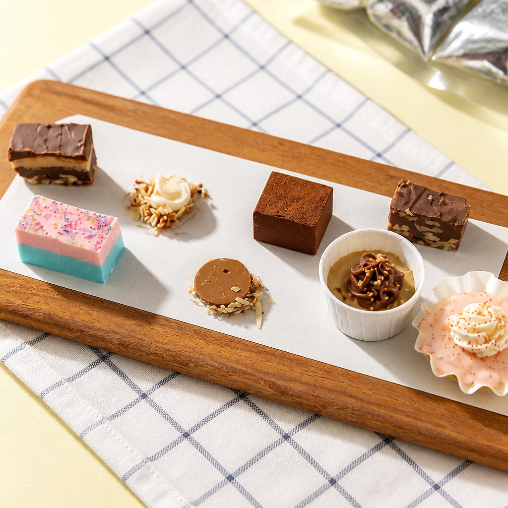 A fudge and turtle tasting flight on a wooden board