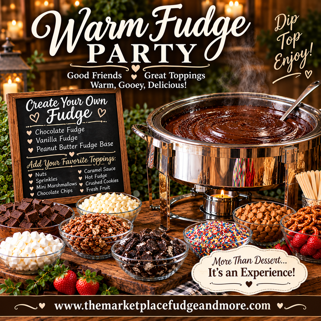 A warm fudge party with a pot of melted fudge and toppings