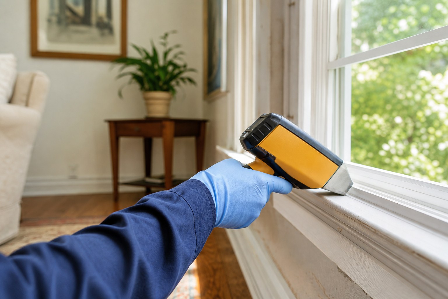 Professional using an XRF analyzer on painted window trim