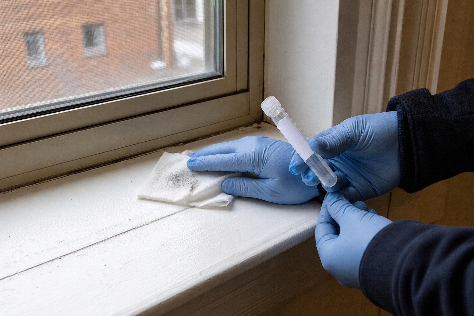 Professional collecting a dust wipe sample from a window sill