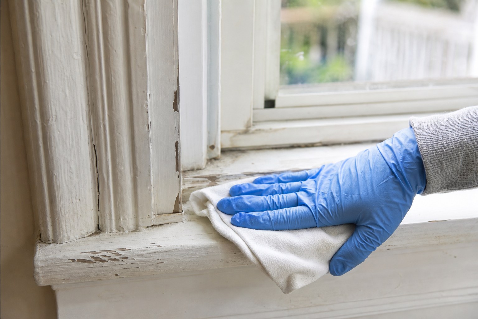Gloved hand cleaning an older painted window sill