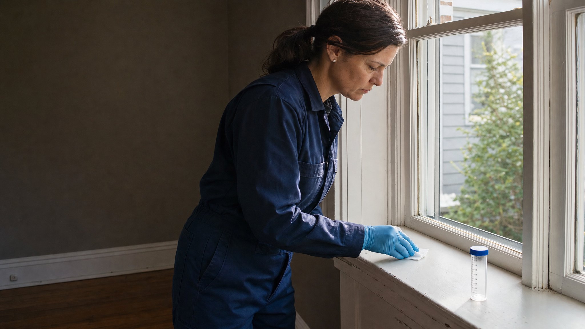 Inspector using a dust wipe on a residential window sill beside a 50 mL centrifuge tube
