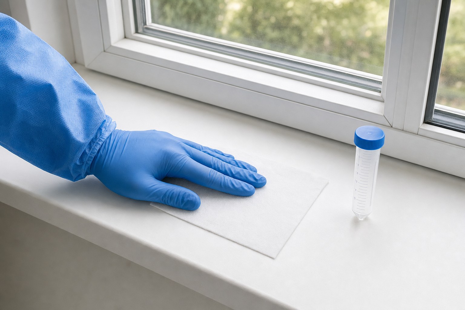 Gloved hand wiping a window sill with a single dust wipe beside a 50 mL centrifuge tube