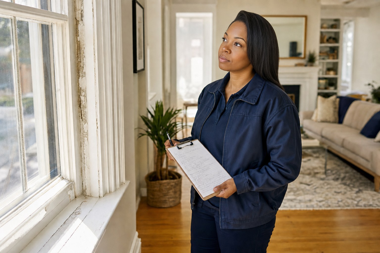 Lead inspector holding a clipboard beside painted interior window trim
