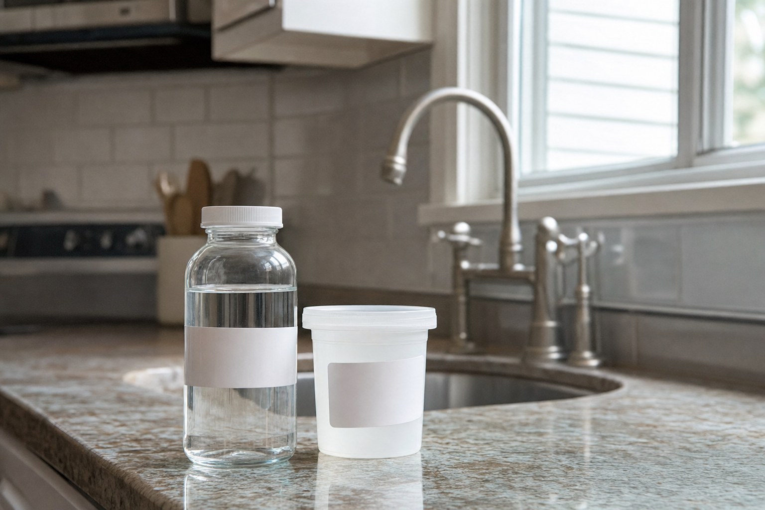 Water sample containers on a kitchen counter